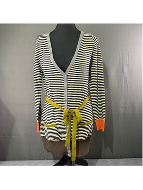Olive & Orange Orla Kiely Cardigan Women's 6 US Lambswool Belted Striped Preppy